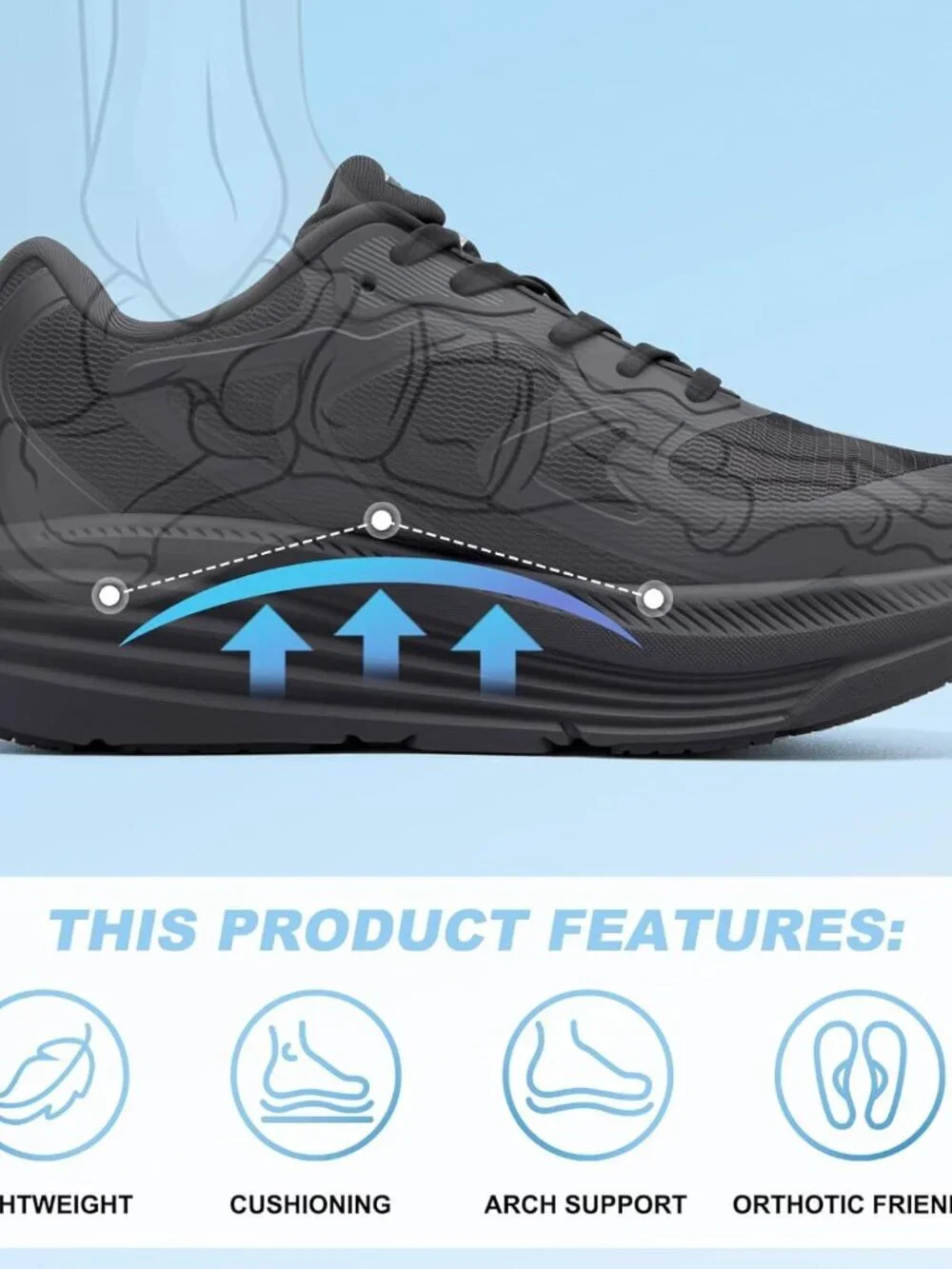 Women's All Black Fort Walking Shoes Tennis, Max Cushioning Running Sneakers